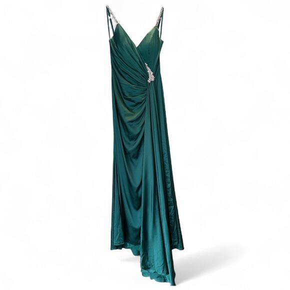 Mac Duggal Emerald Green Dress Rhinestones Draped Slit  Holiday Gown Size 2 - Picture 2 of 9